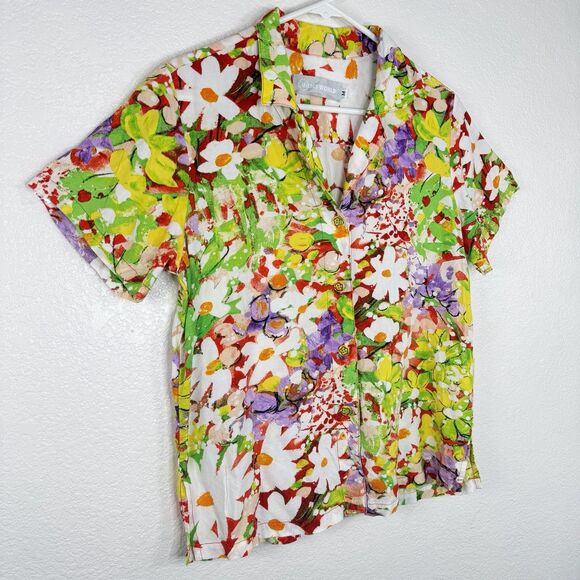 Jams World "Daisy Patch Red" Blouse MEDIUM Hawaiian Floral Aloha Button Up - Picture 2 of 10